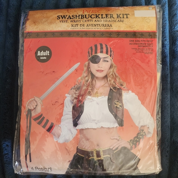 NWT Pirate Swashbuckler Kit - Vest, Wrist Cuffs, Headscarf Adult One Size OS New - Picture 1 of 6